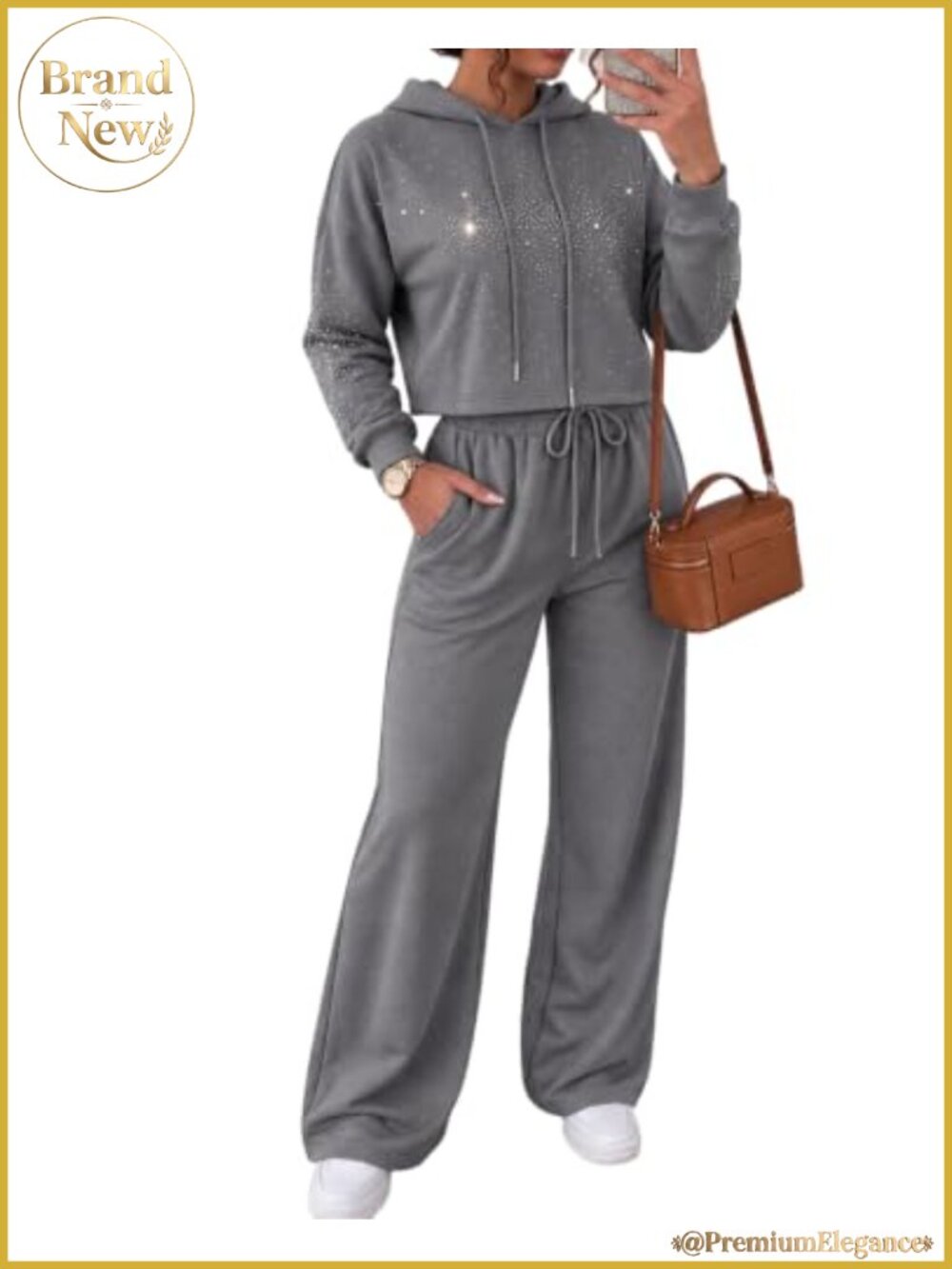 Rhinestone Hoodie Sweatpants Set Women 2 Piece Outfit Cropped Pullover Wide Leg